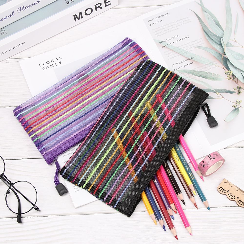 

Zipper Pencil Case Simple Fashion Rainbow Color Coin Purse Cosmetic Stationery Nylon Mesh Pen Bag Grid Cosmetic Storage Tool