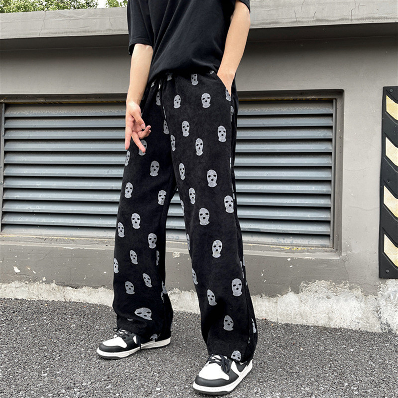 2021 Preppy Style Skull Full Print Drawstring Casual Corduroy Men Baggy Pants Hip Hop Straight Sweat