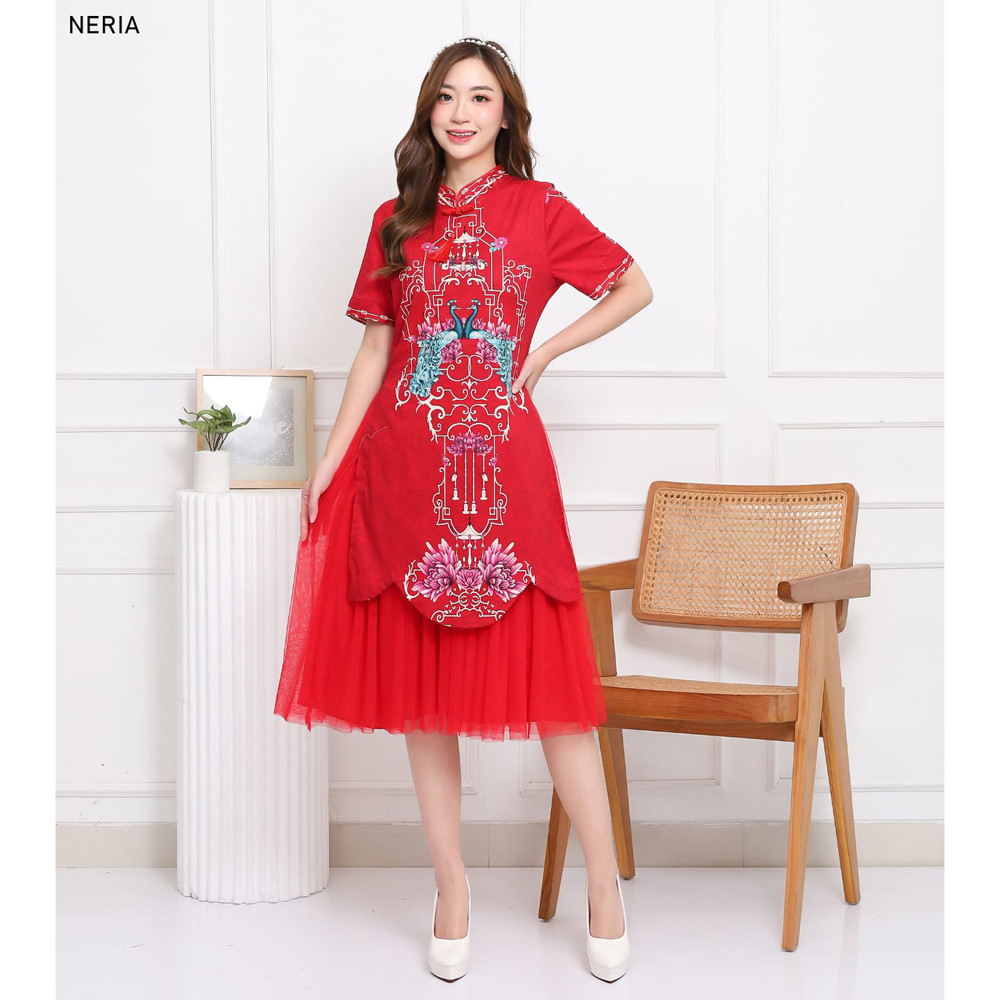 Evercloth Neria Dress Wanita Batik Couple Modern Dress Batik Modern Gaun Pesta Dress Batik Wanita Na