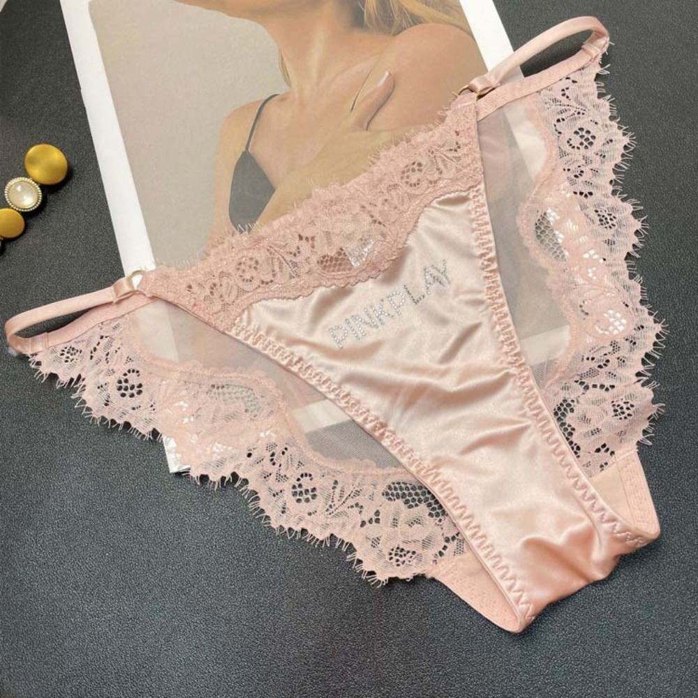 Crystal Letter Satin Silk Panties Thin Belt Mid Waist Rhinestone Lace Briefs Female Lingeries Underw