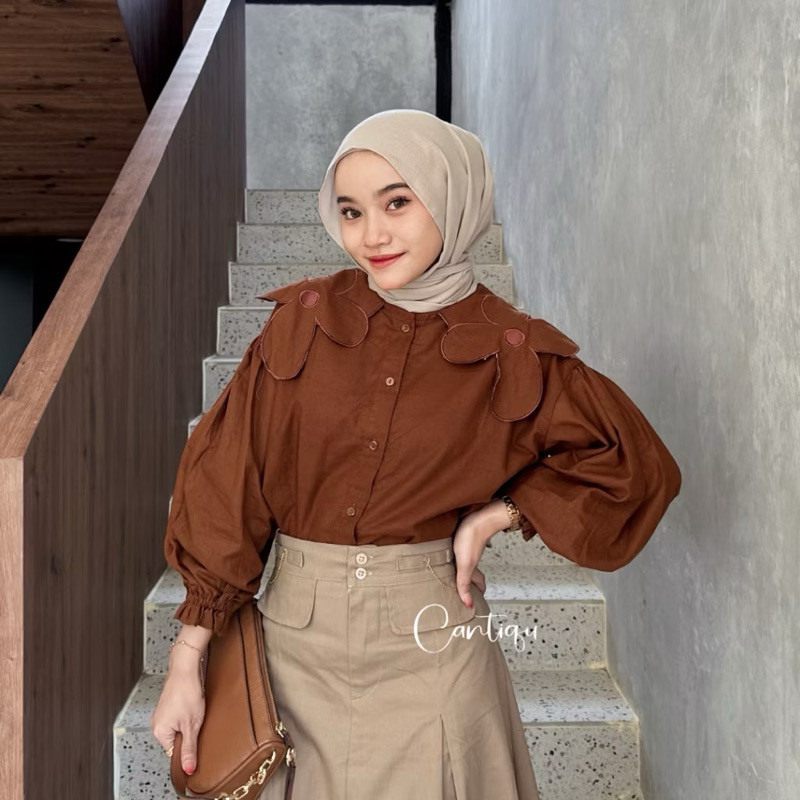 Oneira - Blouse Linen Bordir Bunga Daisy Kemeja Atasan Fashion Muslim Wanita