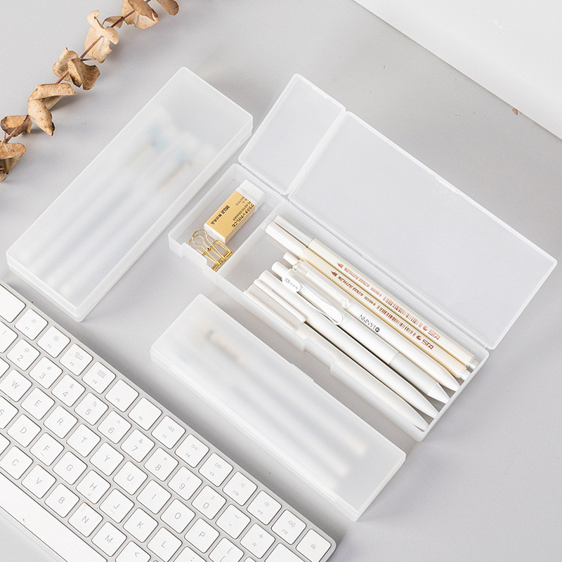 

2023 Pencil Cases Pens Storage School Office Simple Matte Transparent Plastic Box Frosted White Stationery Supplies