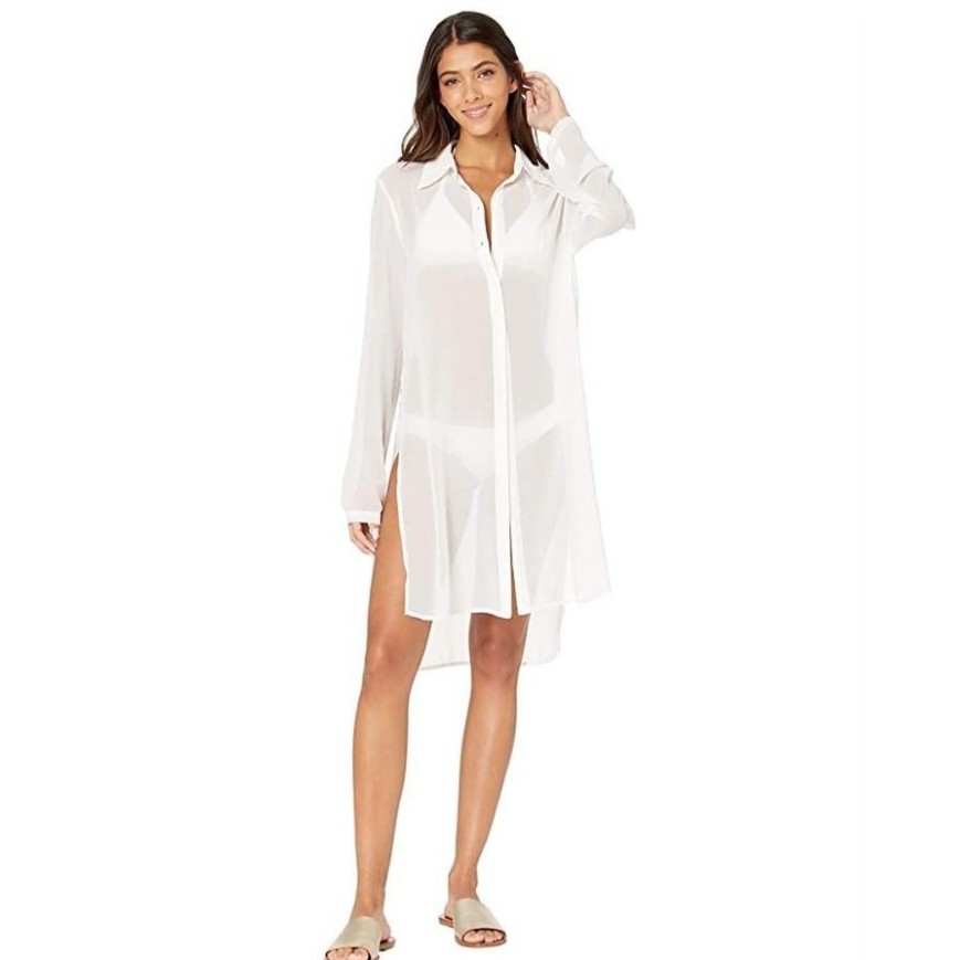 Produk Terbaru Kemeja oversize wanita Sheer White Shirt kemeja outer pantai putih - Putih, All Size 