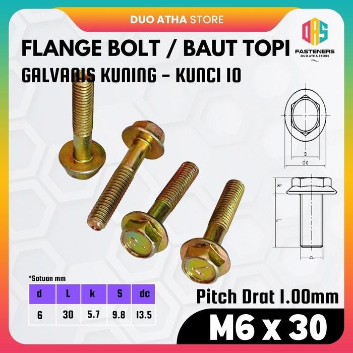 Flange Bolt M6x30 / Baut Flange M6x30 / Baut Topi M6x30 Galvanis Kuning Kunci 10