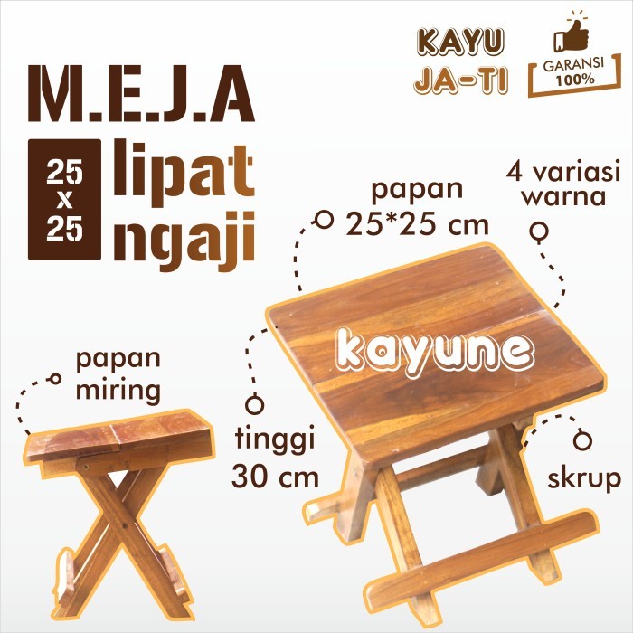 Meja Lipat Rehal Ngaji Mini Ukuran 25x25 cm Papan Atas Miring Material Kayu Jati Solid - kayune - - 
