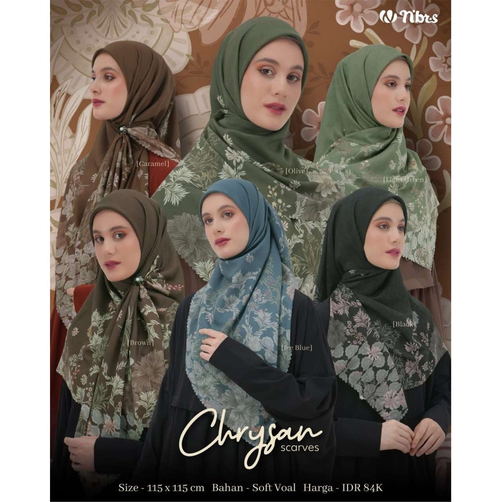 Cryhsan Scarves by Nibras/hijab voal motif/ warna light green,hitam,caramel,olive,ice blue,coklat/hi