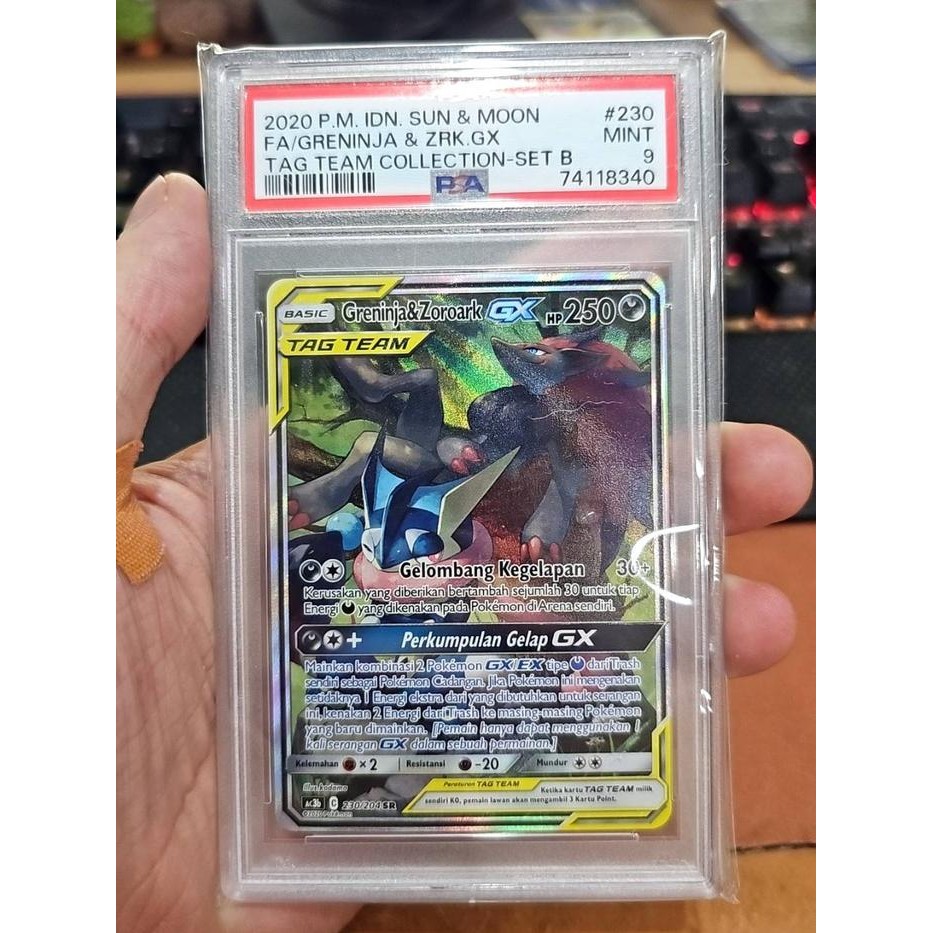 POKEMON INDONESIA TAG TEAM SUN AND MOON FA SR AA GRENINJA ZOROARK GX 230 PSA 9