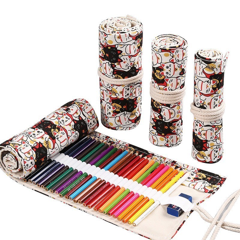 

Bohemian Tas Pensil Warna Gulung Bahan Kain Canvas 24 Slot / Pencil Case Roll A529