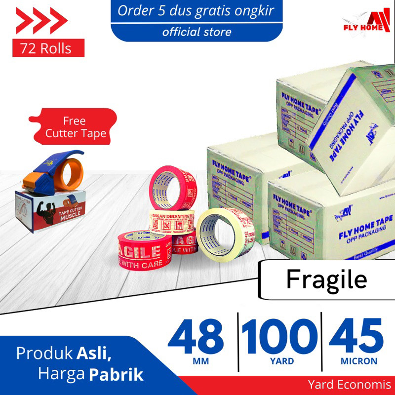 

FLYHOME Lakban Fragile merah putih 100yard 2inci 48x100 yard 1 dus - 72Rolls jumbo