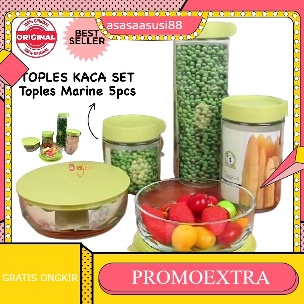 Toples Marine 5in1 / Toples Kaca Set / Toples Kue / Food Storage / Tempat Cemilan / Wadah Makanan / 
