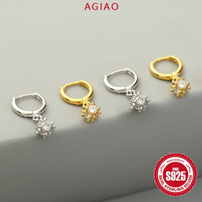 AGIAO Anting Panjang Wanita Zirkon Perak 925 Berlapis Emas 18K Bola Kecil Mengkilap
