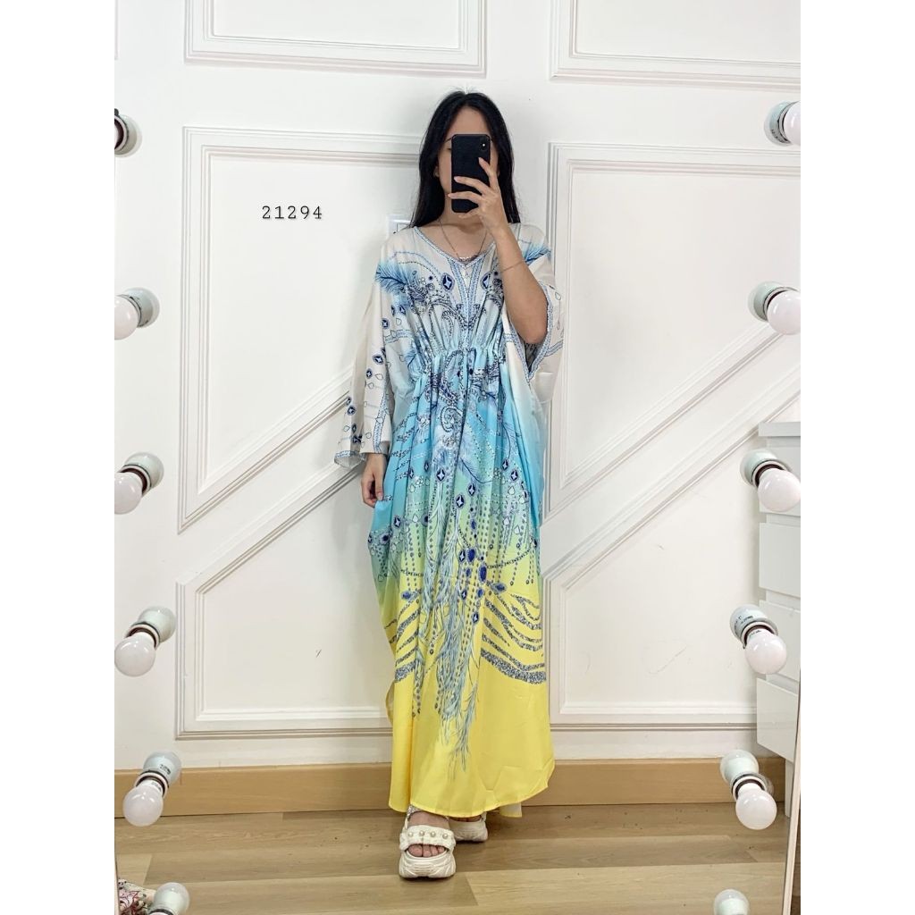 21294 LONG MAXI JRY KAFTAN FULL PRINT LEHER V NECK VARIASI PINGGANG KARET MIX TALI PITA PREMIUM WANI