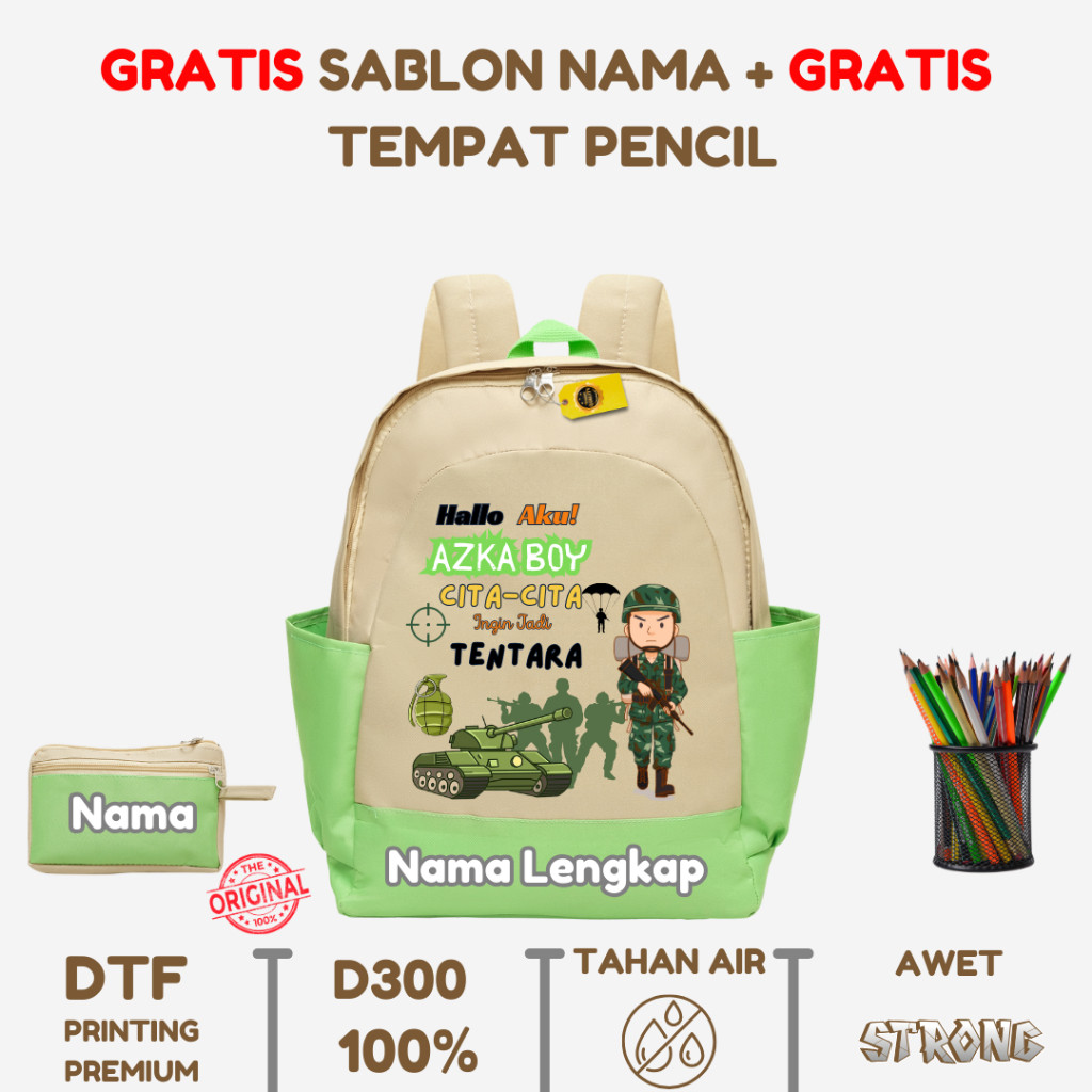 Qiyya.id - Tas Ransel Tentara - Tas Ransel Anak Custome Nama - Tas Ransel Anak Sekolah Karakter Tent