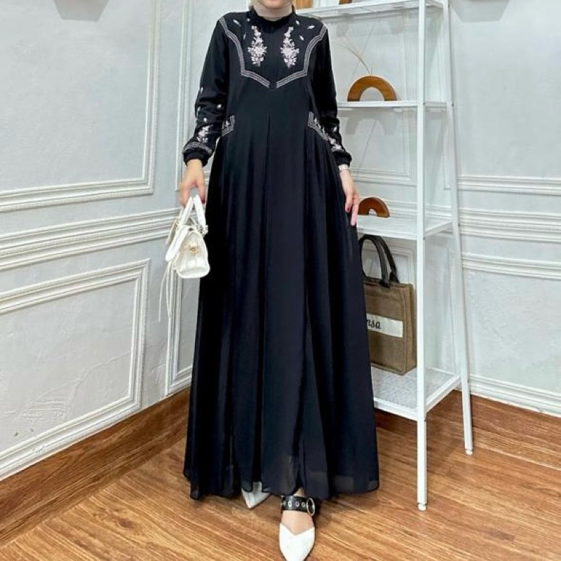 Leony Gamis Dress Bordir Wanita Muslimah Bahan Crinkle Airflow Premium
