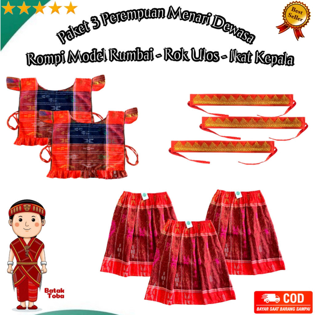 Paket 3 Perempuan Menari Dewasa / Rompi Ulos Model Rumbai / Rok Ulos / Ikat Kepala / K E