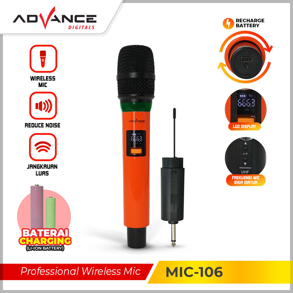 【Ready+COD】Advance Mic Wireless UHF (Wireless) Bisa Dicharger Profesional Microphone digital Batrei 