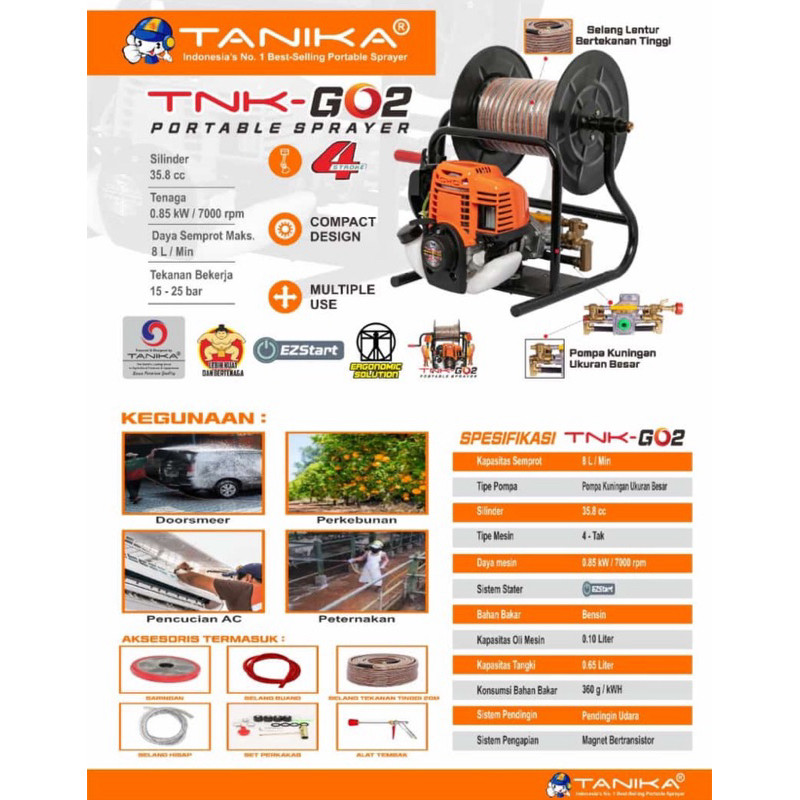 TANIKA TNK GO2 4TAK PORTABLE SPRAYER MESIN STEAM TANIKA KOREA KOMPLIT 20Meter