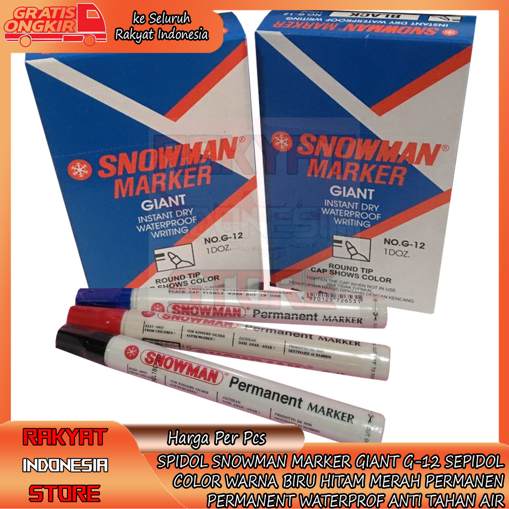 

Spidol Snowman Permanent Permanen Waterproof Marker Giant G 12 G-12 Anti Tahan Air Snowmen Sepidol Warna Hitam Biru Merah Satuan Per Pcs Bolpen Balpen Ball Point Pen Pena Bolpoin Kantor Sekolah Alat Papan Tulis Balpen Lancip Luncip