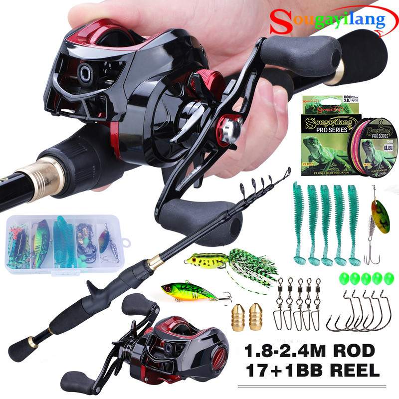 Sougayilang Casting Fishing Combo Telescopic Carbon Rod and 17+1BB Baitcasting Reel Fishing Line Lur