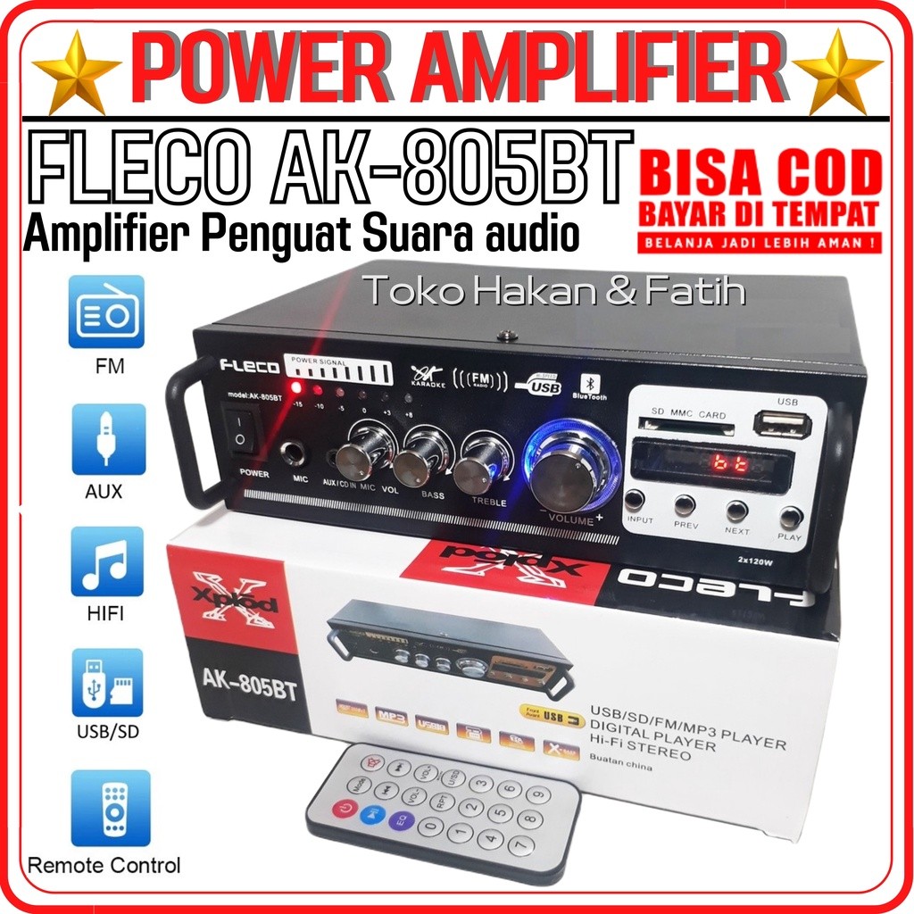 DUO MIC PAKET AMPLIFIER+MIC2 Amplifier FLECO AK-805BT Bluetooth Stereo Karaoke + Mp3 player + FM Rad