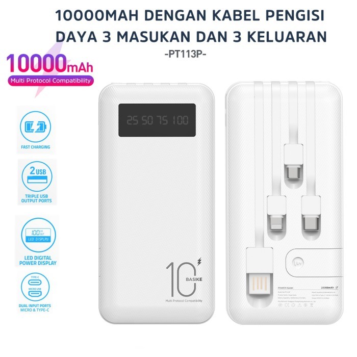 BEST -Power bank 10000ma Powerbank Tampilan digital kabel pengisi daya bawaa - PT113-White