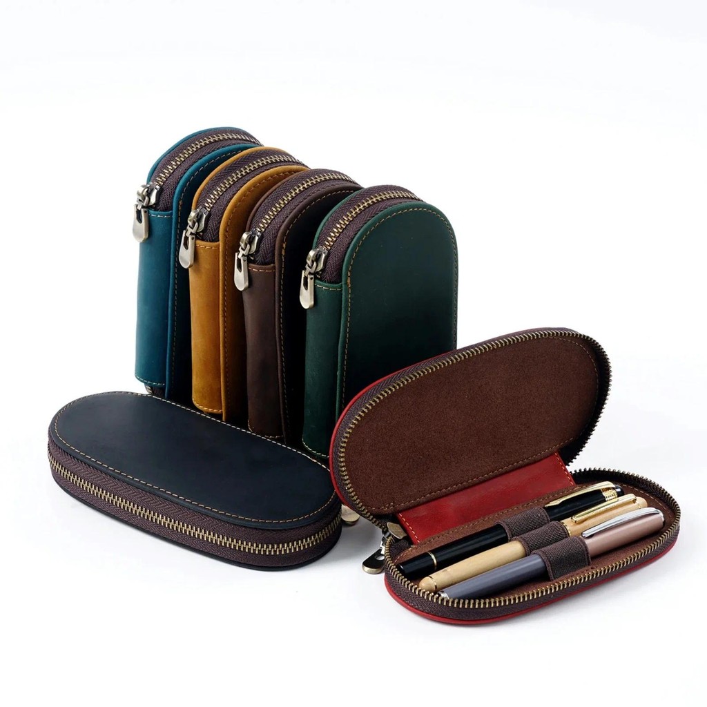 

Genuine Leather Pen Case Holder 3 Slots, Zippered Fountain Rollerball Pens Bag Handmade Organizer Pouch for Writing Stationery