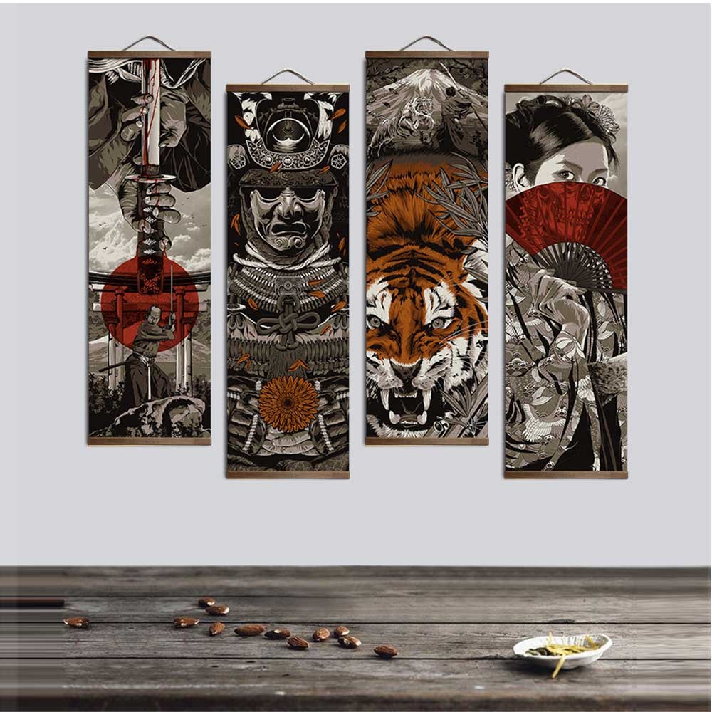 

Japanese Samurai Ukiyoe Tiger Canvas Poster Pictures for Living Room Home Decor Painting Wall Art with Solid Wood Hanging Scroll