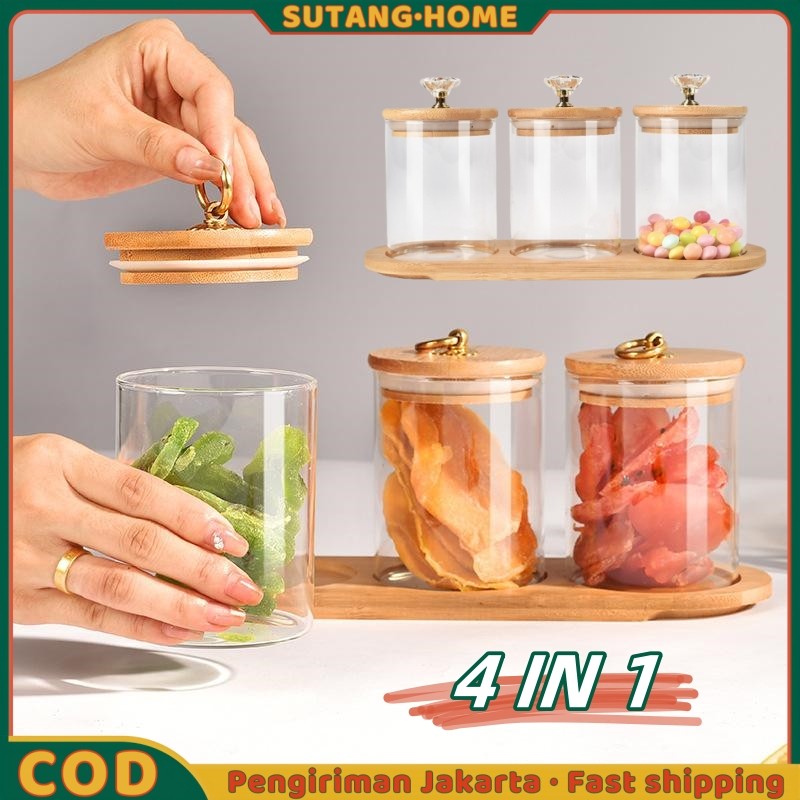 【SUTANG】 Tempat Bumbu / Candy Jar / Toples Kaca Diamond 3in1 Dengan Nampan Kayu