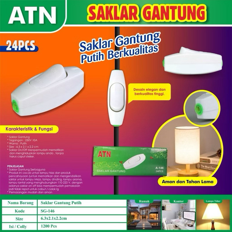 SAKLAR GANTUNG PUTIH ON OFF ATN A146 Saklar Gantung Kecil Berkualitas Terbaik Atn