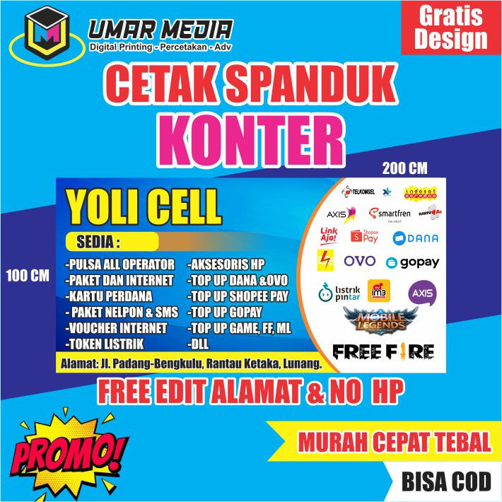 Spanduk Konter Pulsa Banner Konter Hp Banner Toko ( BISA COSTUME )