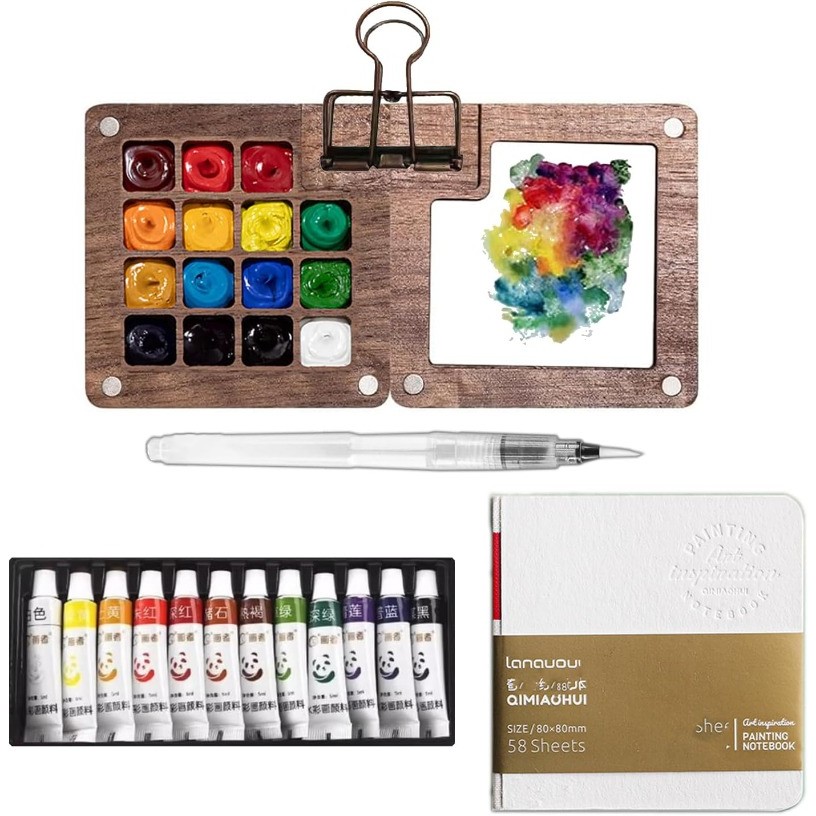 

Portable Watercolor Set Travel Palette Sketchbook Brush Pens Binder Clips for Artists Students Painting Tools Drawing Supplies