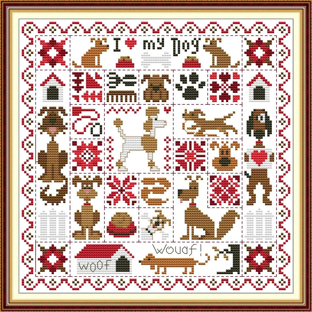 

Joy Sunday-Pre-printed Cross Stitch Kit, DIY Easy Pattern, Aida 14, 11CT, Stamped Fabric Embroidery Set, Pink Kennels