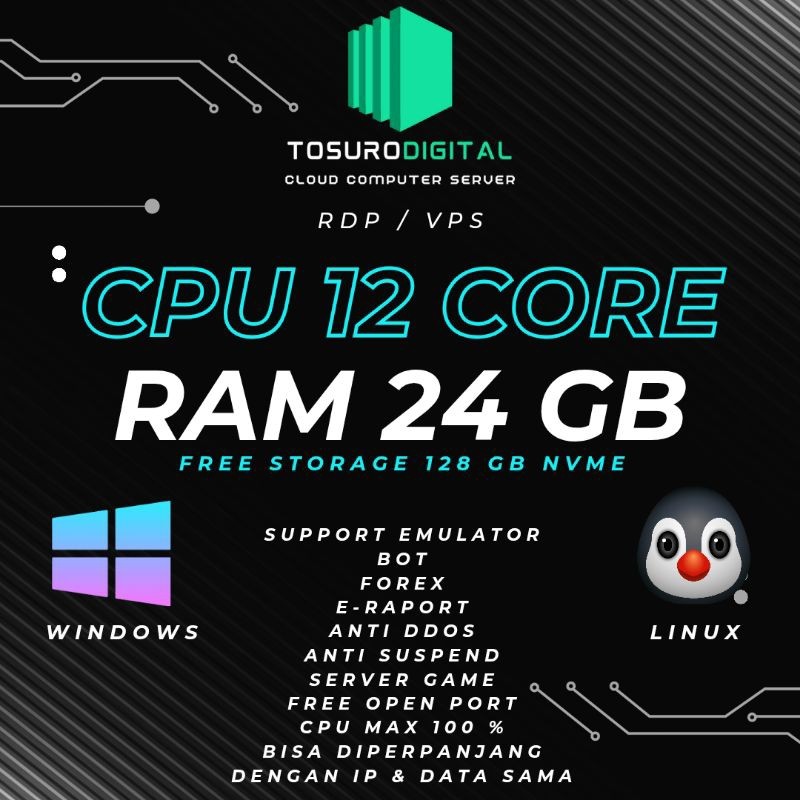 RDP VPS PREMIUM INDONESIA 12 CORE 24 GB RAM BISA DIPERPANJANG CPU 100%  ANTI SUSPEND FULL GARANSI
