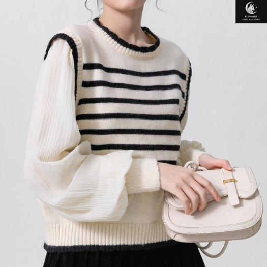 LADY COLLECTION - Atasan Rajut Wanita Lengan Balon Panjang Putih - Knitwear Tangan D28