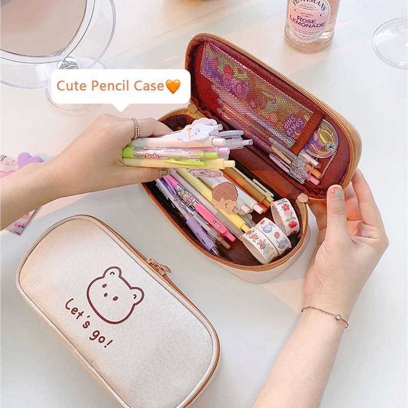 

Kawaii Canvas Pencil Case for Girls Boys Cartoon Bear Pencilcase Pen Case Bag Large Capacity Pencil Box Pouch Stationery Gift