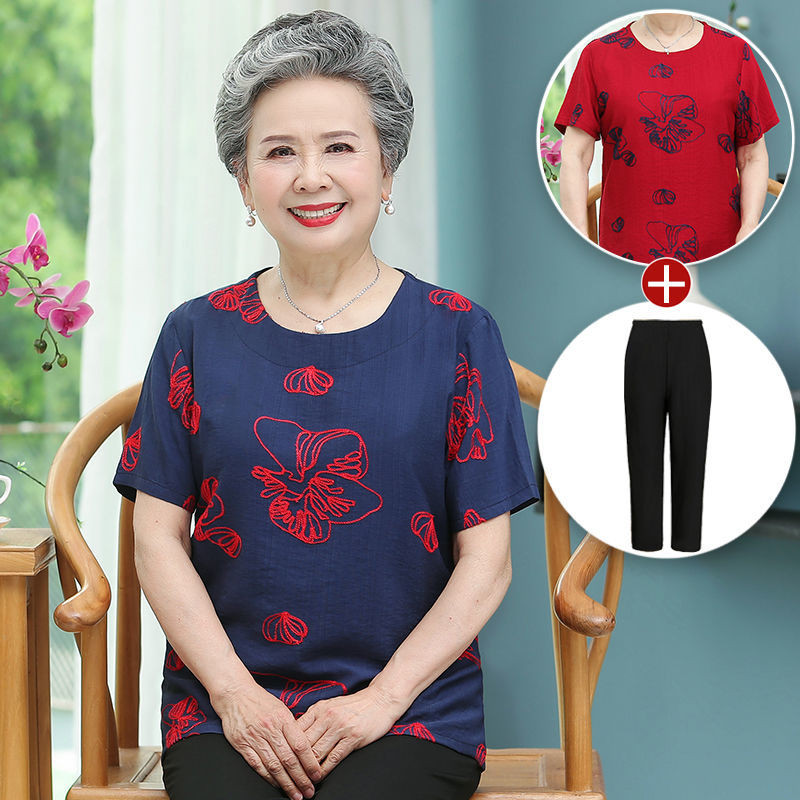 Gaun nenek musim panas kaos lengan pendek set dua potong