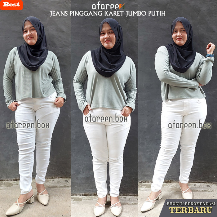 celana jeans wanita kekinian Celana Jeans Putih Wanita Jumbo Legging Jeans Pinggang Kolor Jumbo - Pu