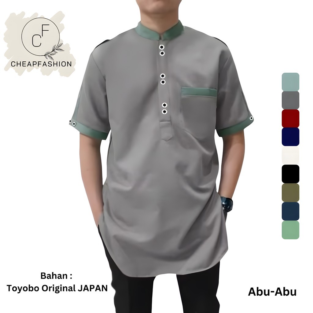 CF Koko Zaka Lengan Pendek TOYOBO ORIGINAL, Baju  Lebaran Pria Muslim Bahan Toyobo FODU Ori -Abu Abu