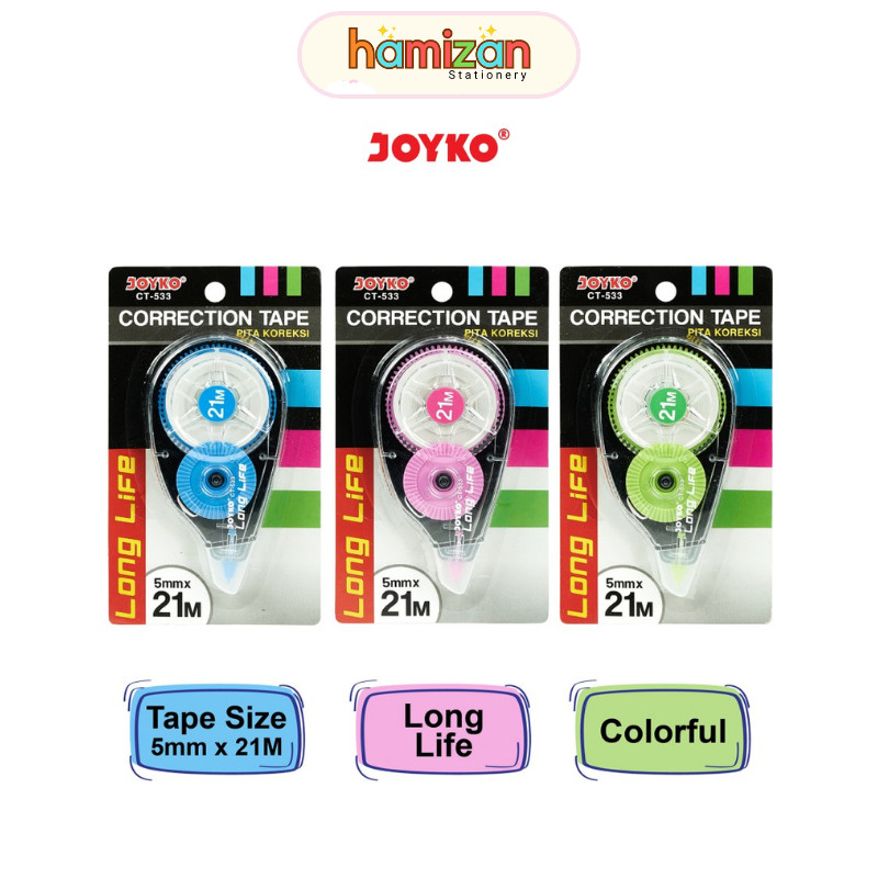 

Correction Tape 21 meter CT 533 warna warni - Pita Koreksi Joyko Tipx CT-533 CT533 / Correction Tape Pita Koreksi Joyko CT-533 Murah Berkualitas