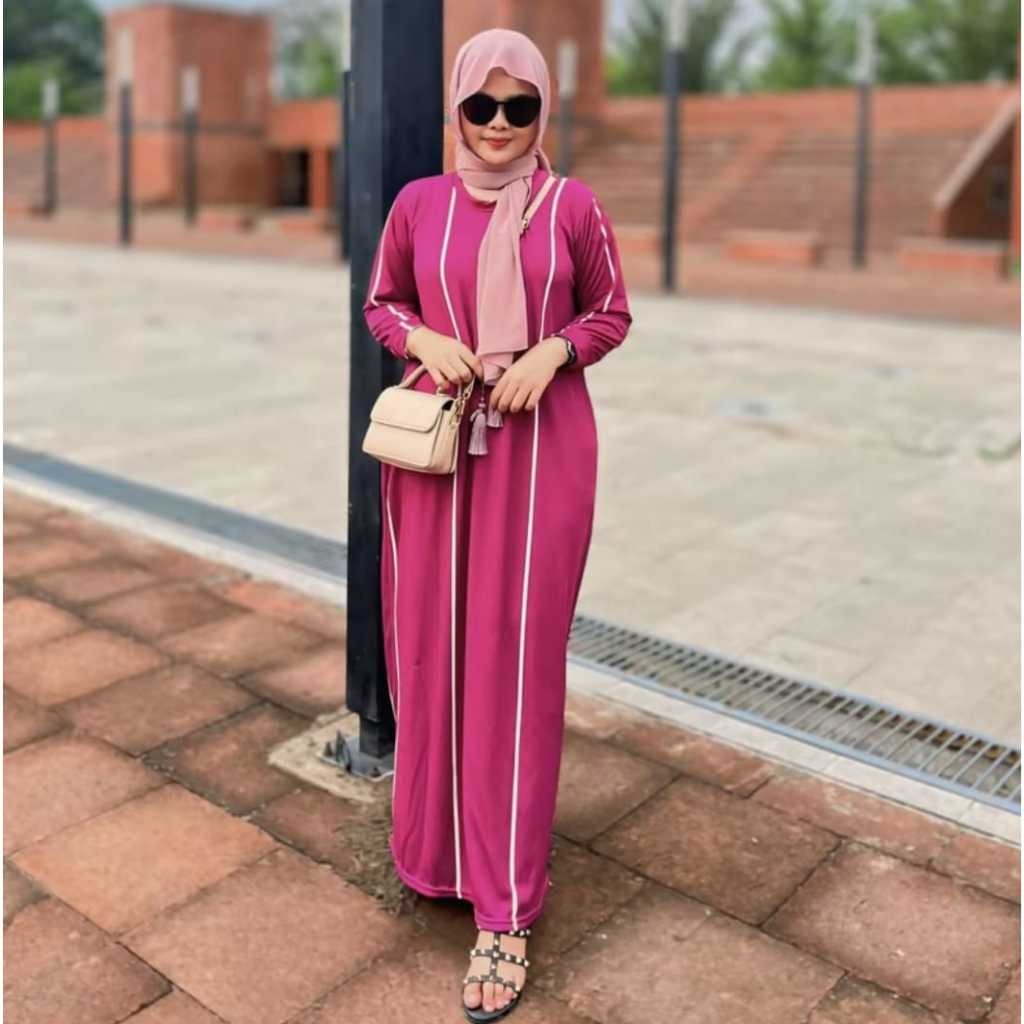 AGAMIS - Gamis Muslim Knit Borneo Motif Salur Lengan Panjang Rib Terbaru Dress