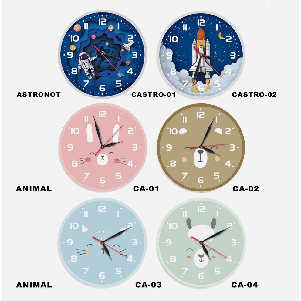 Jam Dinding Anak Hias Decor Home Motif Astronot, Hello Kitty, dan Animal
