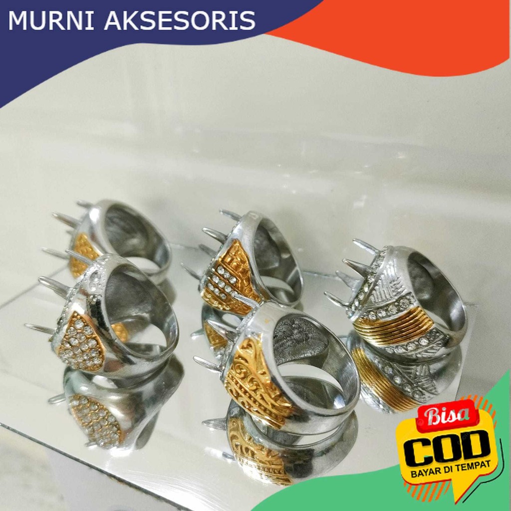 Murni Aksesoris HARGA GROSIR. 10 Pcs Emban Cincin TITANIUM Kombinasi GOLD SILVER Ring Batu Akik Anti