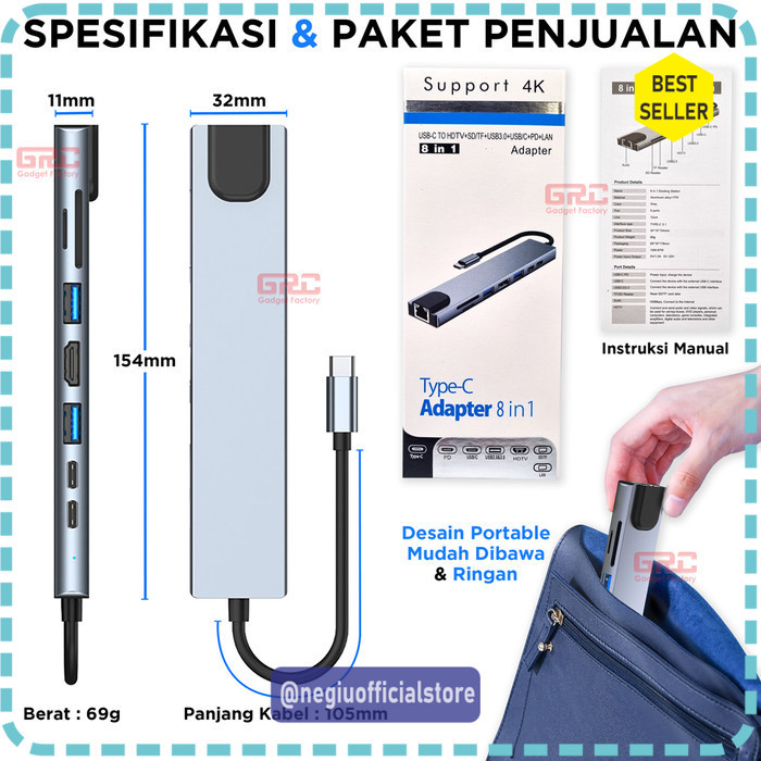 (GFT) Adapter HUB Type C to 8 Port HDMI LAN USB PD Micro SD TF Card OTG 8in1 - Grey