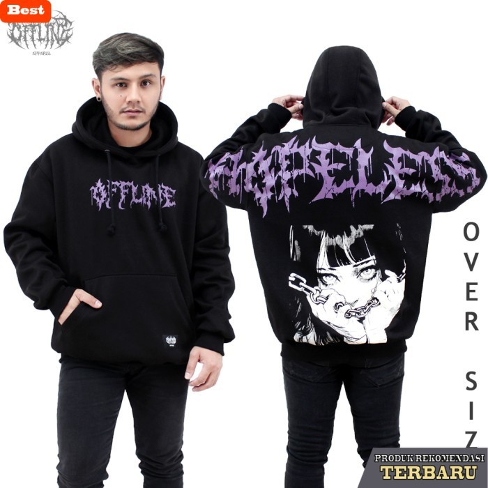 hoodie pria keren OFFLINE Hoodie Jumper OVERSIZE HOPELESS / hoodie cowok cewek tebal ori - Hitam, L