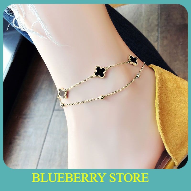 Gelang Kaki Titanium Gelang Wanita Korea Clover Hitam Putih 2 Layer Gelang Kaki Perhiasan Wanita
