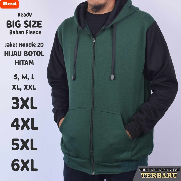 hoodie pria keren Jaket Hoodie Pria 2D Hijau Botol Hitam Jumbo Big Size - Hijau Botol, S