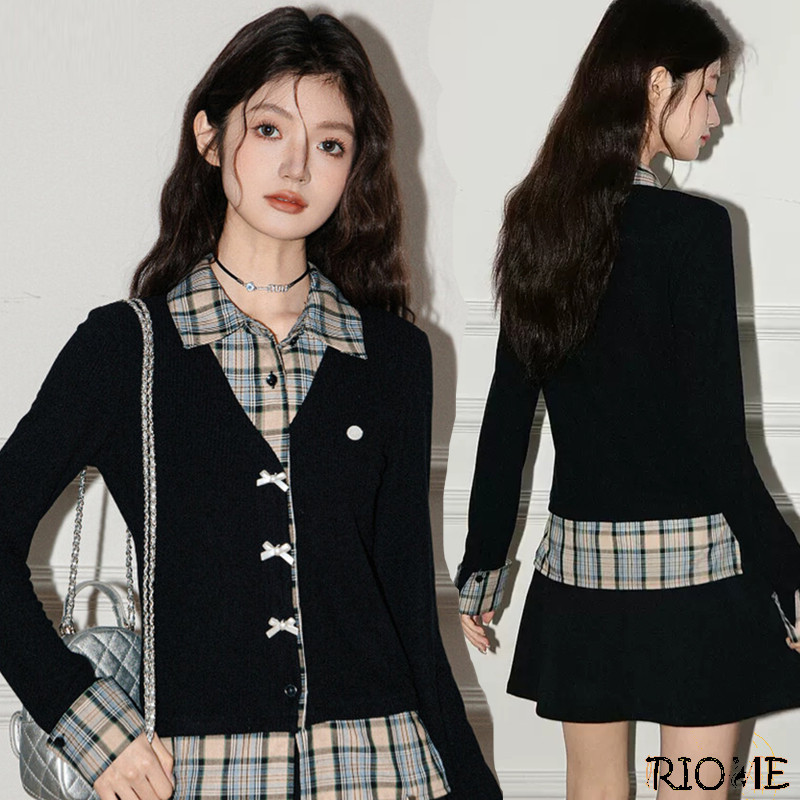 Kemeja Wanita Lengan Panjang Motif Kotak-kotak Rajutan Sweater V Neck Slim Fit Atasan Hitam