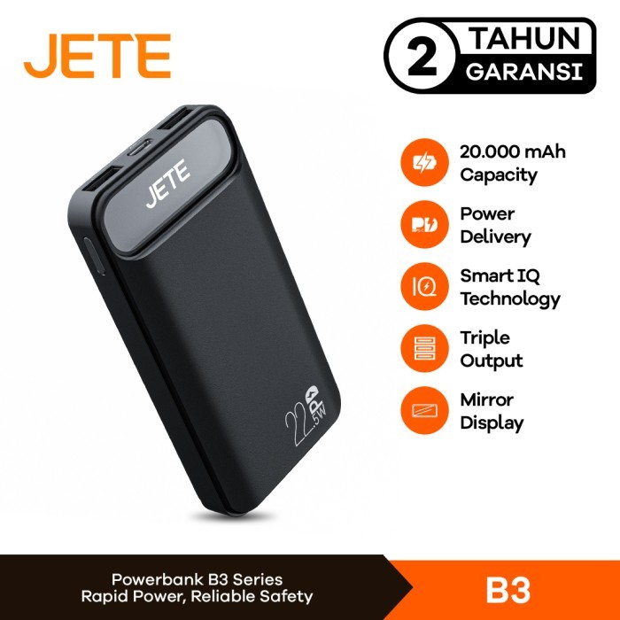 BEST -Power Bank 20000mAh Fast Charging PD 22.5W JETE B3 with Triple Output - B3 Black