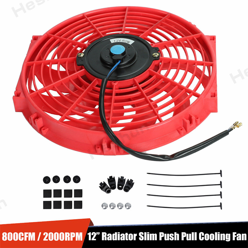 Red  12" Inch Universal Slim Condenser Fan Push Pull Electric Radiator Cooling Fans 12V 80W Mount Ki