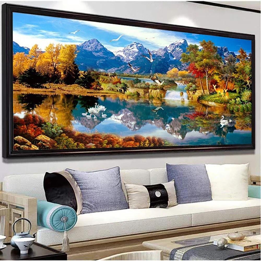 

Blue Mountain Lake Landscape Painting, Golden Canvas Painting, Wall Art Pictures, Living Decor Posters, Prints